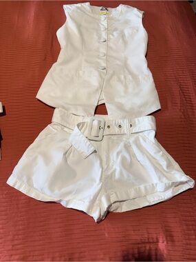 Sleeveless White Tailored Vest and High-Waist Belted White Shorts Set